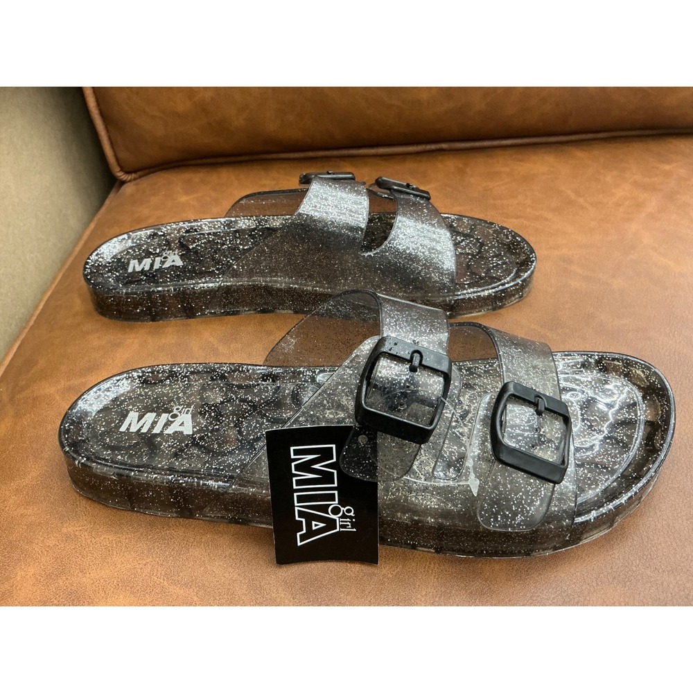 MIA Bashful Smoke Jelly Sandals Girls 10 Grey Glitter New Double Strap Slide